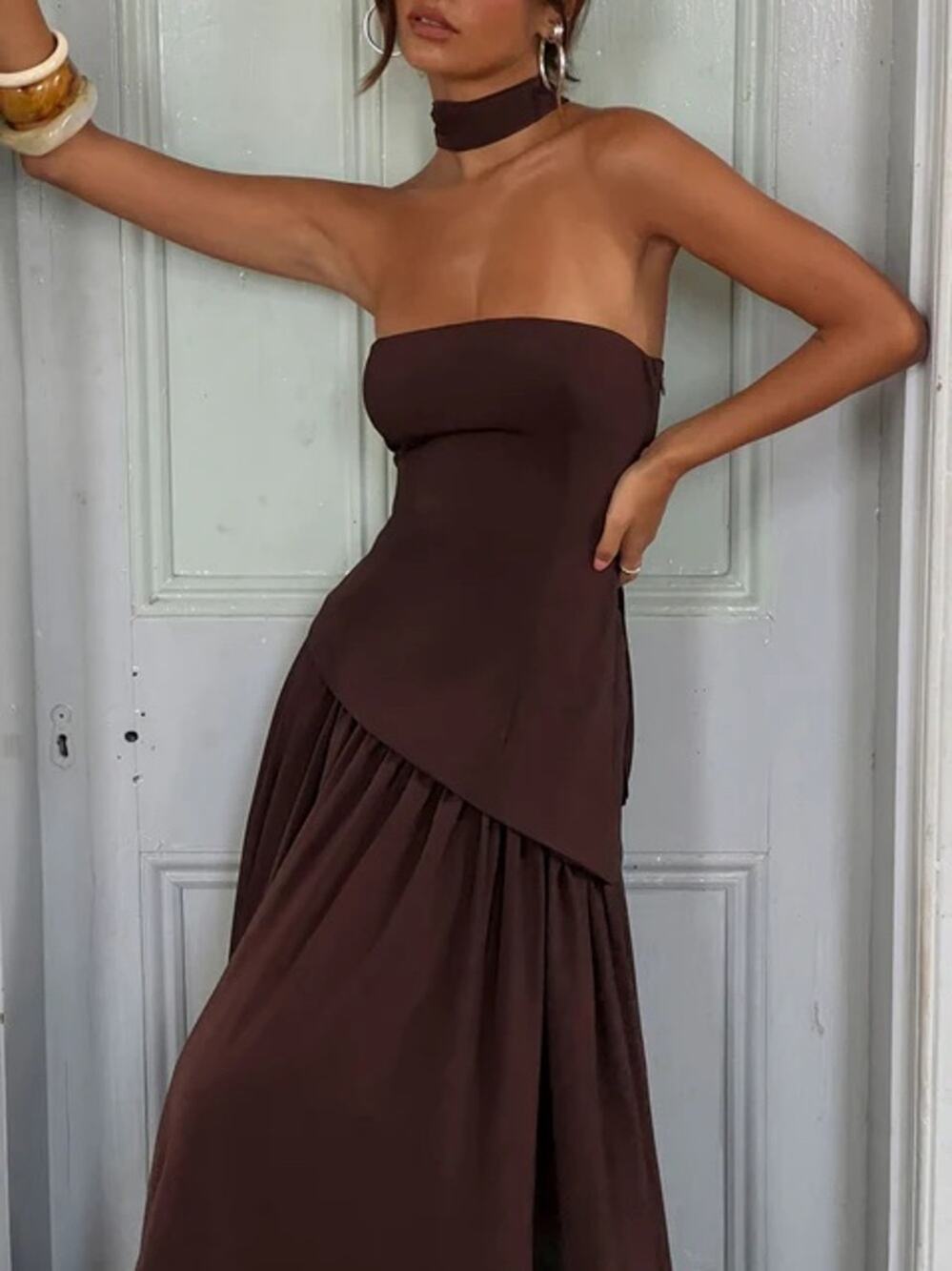 Princess Polly Odela Strapless Drop Waist Maxi Dress Chocolate 6
